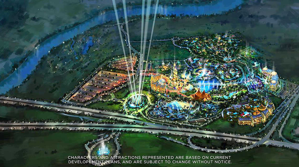 This architect's rendering was released to ThemeParkUniversity.com and is the most recent release of images by Grupo Vidanta.  It shows the currently closed north bound access to Highway 200 lighted to attract passersby.  But it is not clear if the north bound lanes of Highway 200 merge with a cloverleaf from the Vidanta property.  Stay tuned....all is subject to change....