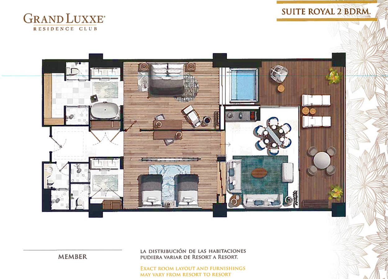 This image shows the floor plan for a Grand Luxxe Suite Royal 2 Bedroom unit.  The unit is located in Tower Six at Grupo Vidanta’s property at Nuevo Vallarta, Mexico.