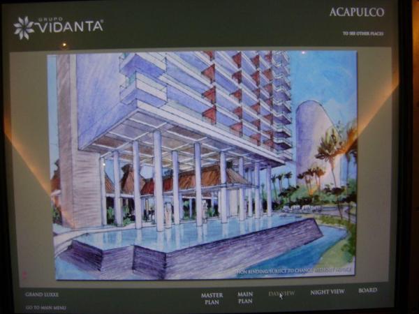 Grupo Vidanta architects presented this impression of a Grand Luxxe tower at Acapulco in July, 2009.  Many changes could have taken place since then, so this image is likely out of date.  It is important to note that management had shown this image in 2009 to prospective buyers, so there is some credibility, we hope.