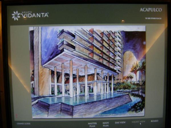 Grupo Vidanta architects presented this impression of a Grand Luxxe Residence Club tower at Acapulco in July, 2009.  Many changes could have taken place since then, so this image is likely out of date.  It is important to note that management had shown this image in 2009 to prospective buyers, so there is some credibility, we hope.