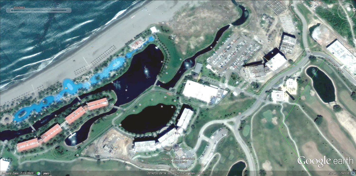 This July, 2003 Google Earth image is the earliest satellite image of the Grupo Vidanta property at Nuevo Vallarta, Mexico.  The foundations for Cafe del Lago and the Grand Mayan Resorts are under construction at this time.  The pools in front of the Grand Mayan was a parking lot back then.  Change is the only constant at the Grupo Vidanta Nuevo Vallarta, Mexico property.