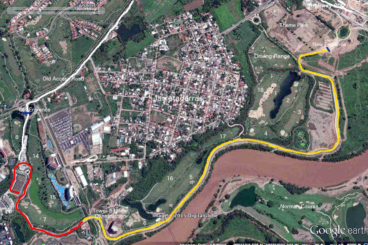 The distance from the bridge to the taxi area using the old access road is about the same as the distance to the taxi area using the new access road.  The UTurn on the other side of the bridge that is required to drive north will go away when the new northbound highway entrance opens.  (Tap the photo for full screen; tap your browser's back arrow to return.)