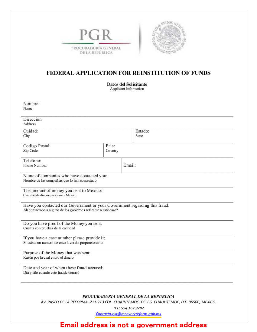 FEDERAL APPLICATION FOR REINSTITUTION OF FUNDS