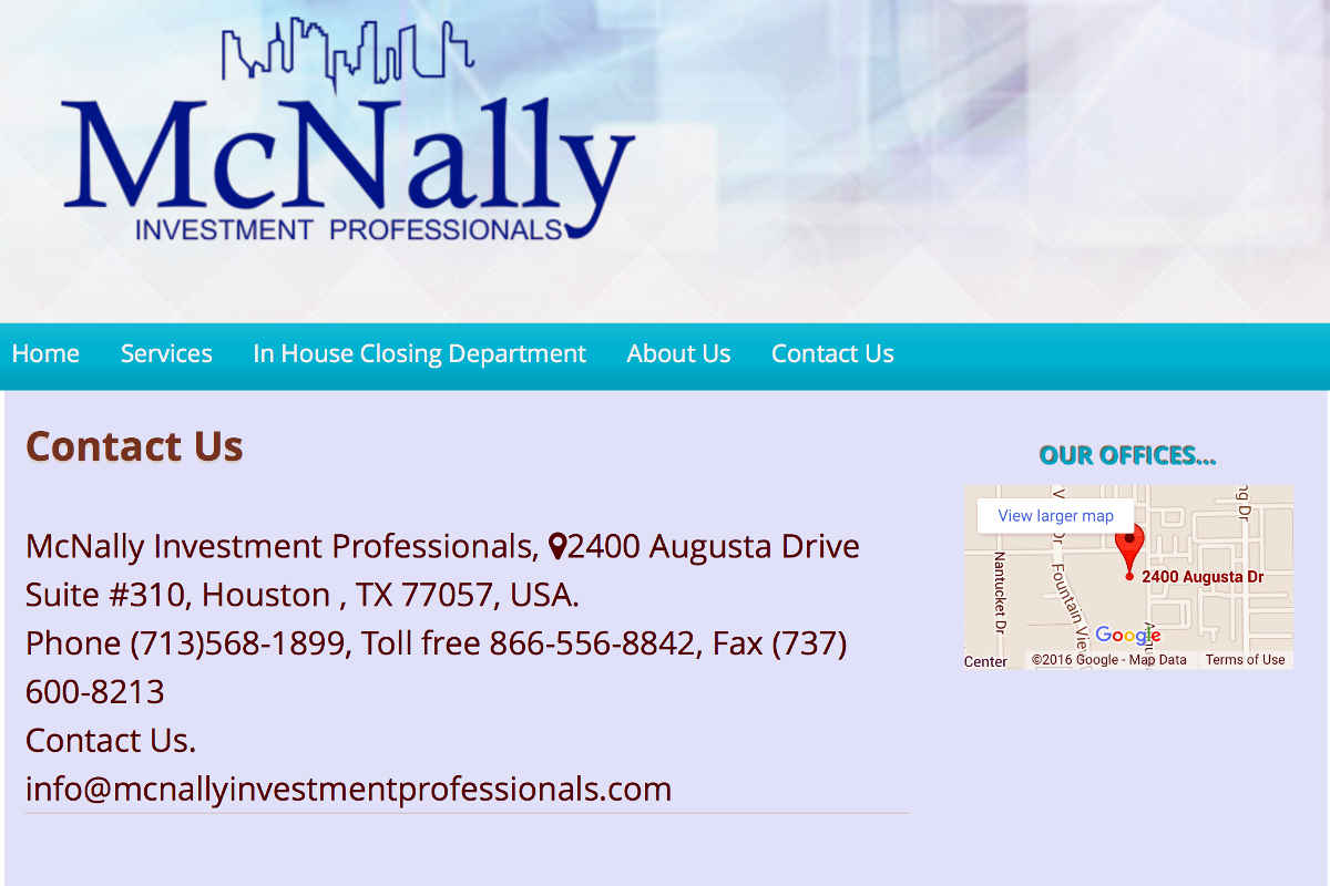 Contact Page for McNally Investment Professionals web site.  Be very careful.