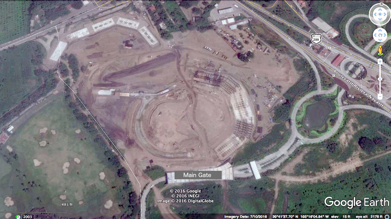 This image shows a Google Earth image of the Theme Park under construction as of July 10, 2016.  Note the changes that have taken place since then.  Progress!