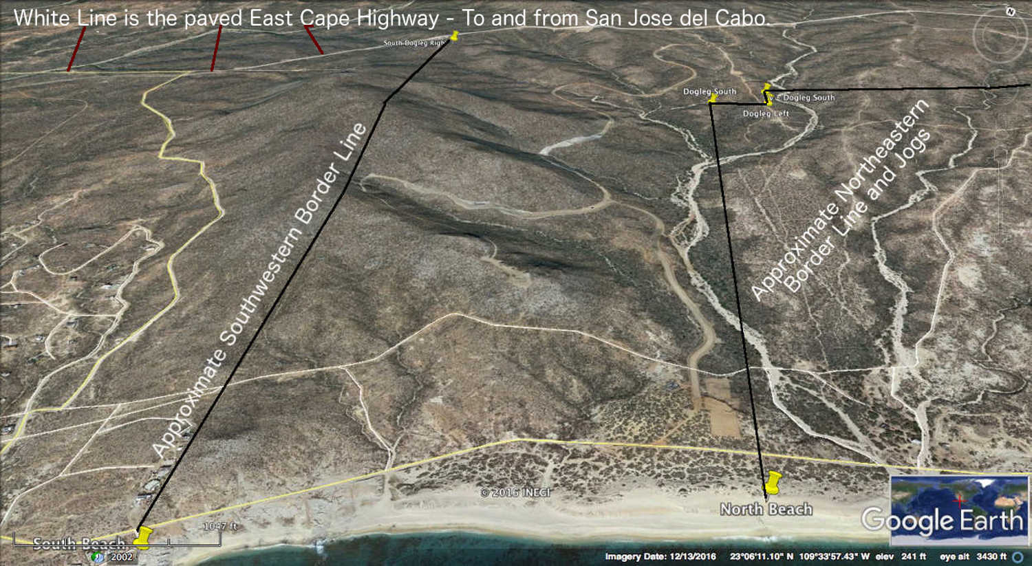 Roads are under construction now.  In six months, a rough road has been cut through changes in elevations from the newly paved East Cape road to nearly the beach.  This image is taken from Google Earth and it shows how much has been done through 12-13-2016.  Tap the image to expand - tap your browser's back arrow to return to the page.