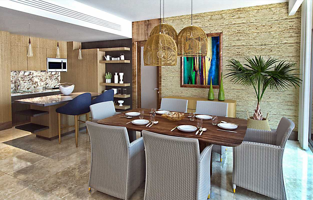 This image shows the kitchen and dining area in the Luxxe Jungle Suite.  The bedroom is visible in the top photo on this page.