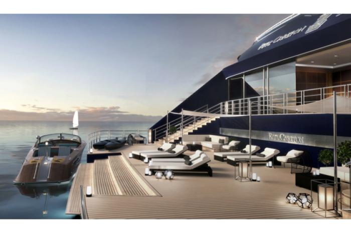HOTELSMag.com photo of an architectural rendering of one of Ritz Carlsons Luxury Yachts.  First trip is planned for Q4 2019.