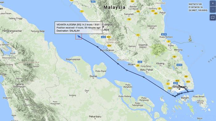 Vidanta Alegria is now in the Malacca Straights on its way to Salalah, Oman.  Could be a 10 day trip.