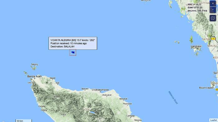 Vidanta Alegria is at the mouth of Malacca Straights and heading WNW on its way to Salalah, Oman.  Could be a 10 day trip.