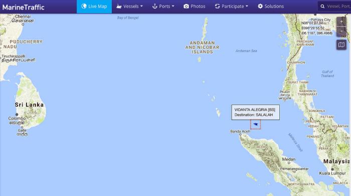 Vidanta Alegria is at the mouth of Malacca Straights and heading WNW on its way to Salalah, Oman.  Could be a 10 day trip.