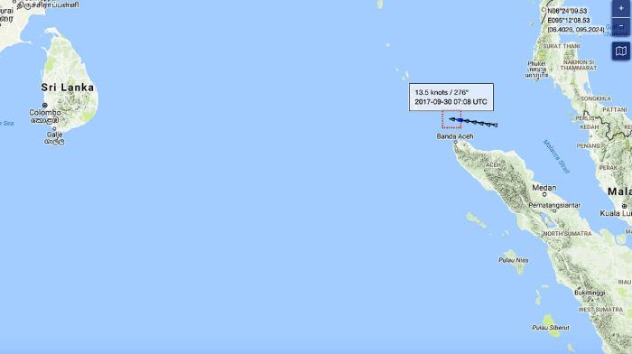Vidanta Alegria is off the coast of Banda Aceh, Indonesia and heading WNW on its way to Salalah, Oman.  This will be a 10 day trip, with an estimated arrival date of October 8, 2017.