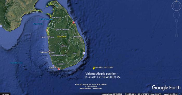Last position for Vidanta Alegria is off the southern tip of Sri Lanka and heading west on its way to Salalah, Oman.  This will be a 10 day trip, with an estimated arrival date of October 8, 2017.