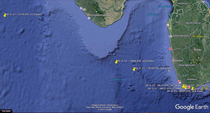 Last position for Vidanta Alegria is in the Laccadive Sea, heading for the Arabian Sea on its way to Salalah, Oman.  This will be a 10 day trip, with an estimated arrival date of October 8, 2017.