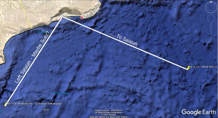 The first port of call for Vidanta Alegria was Salalah, Oman.  The ship arrived on October 8, 2017 at 22.14 Local Time and departed on October 9, 2017 at 12:45 Local Time.  It was last reported about 220 miles south west of Salalah, Oman and appeart to be headed for the Suez Canal.