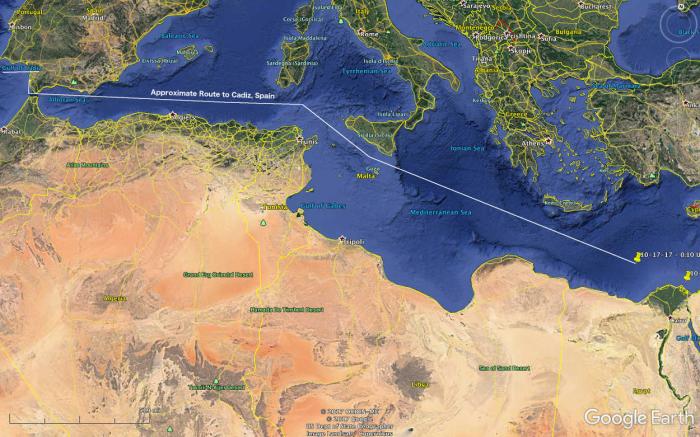 Vidanta Alegria is on its way to Cadiz, Spain, which is on the Atlantic Ocean. MarineTraffic states the ship will reach Cadiz on 10/23/17.
