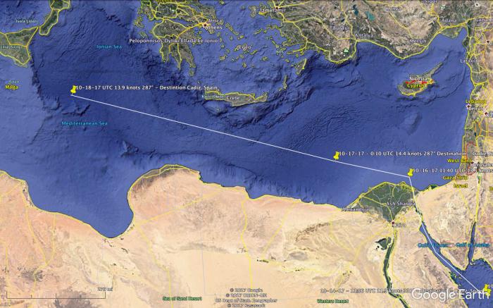 Vidanta Alegria has traveled through the Suez Canal and is on its way to Cadiz, Spain.  The ETA according to MarineTraffic is October 23, 2017.