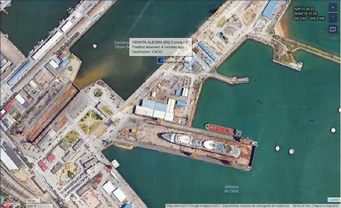 Vidanta Alegria arrived in Cadiz, Spain on 10/23/17. This photo shows the moorage in Cadiz and where Vidanta Alegria is allegedly docked.  What is the next port of call?