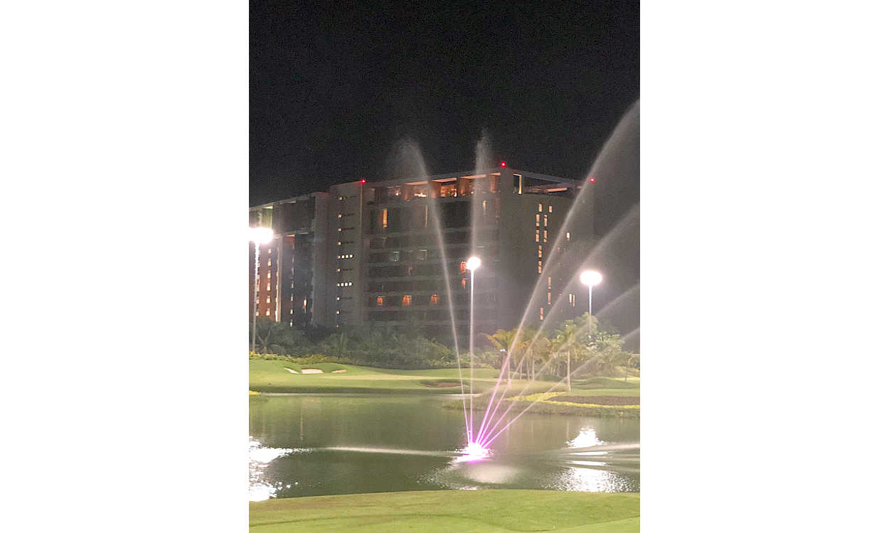 The Lakes Course at night.