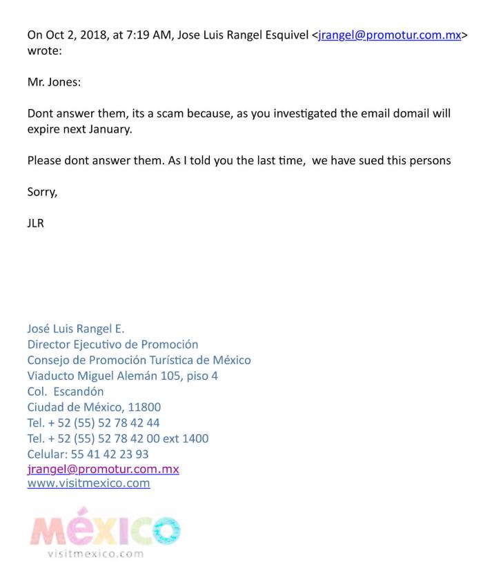 Sr. Rangel's response to our email asking whether his department knows anything about the entity that contacted us.  Tap the image to expand, tap your browser's back arrow to return to the page...