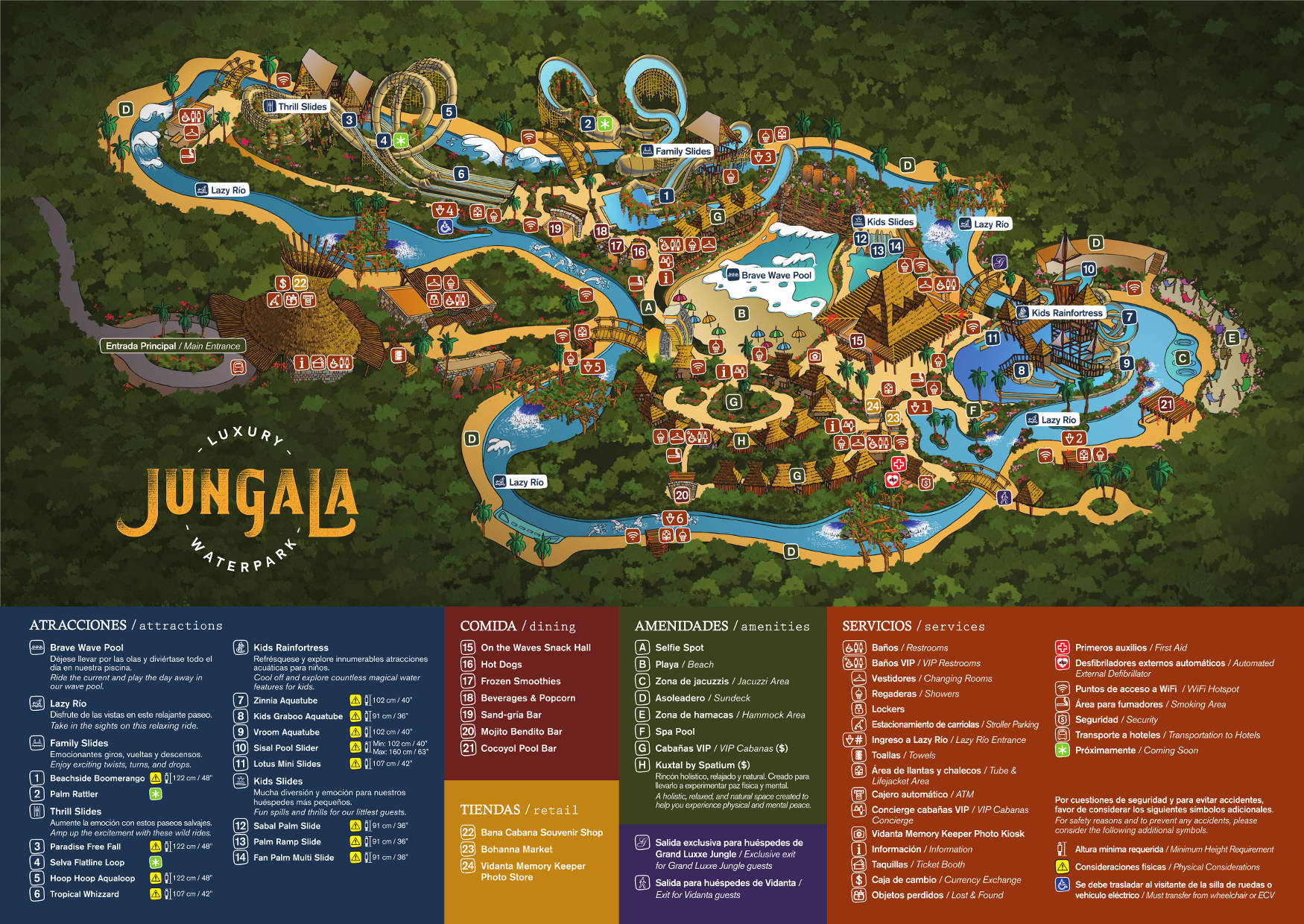The Jungala Water Park is a luxury water park.  It offers water slides, wave pools, shopping, restaurants and many other amenities.  It is open to the public as well as members of the resorts at Grupo Vidanta’s Riviera Maya Property.
