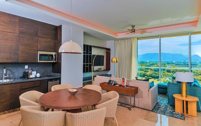 The Living Area of the Luxxe Royal 2 BR unit in Tower Six at the Grand Luxxe Residence Club in Nuevo Vallarta, Mexico.