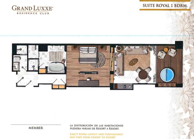 This image shows the floor plan for a Grand Luxxe Suite Royal 1 Bedroom unit.  The unit is located in Tower Six at Grupo Vidanta’s property at Nuevo Vallarta, Mexico.