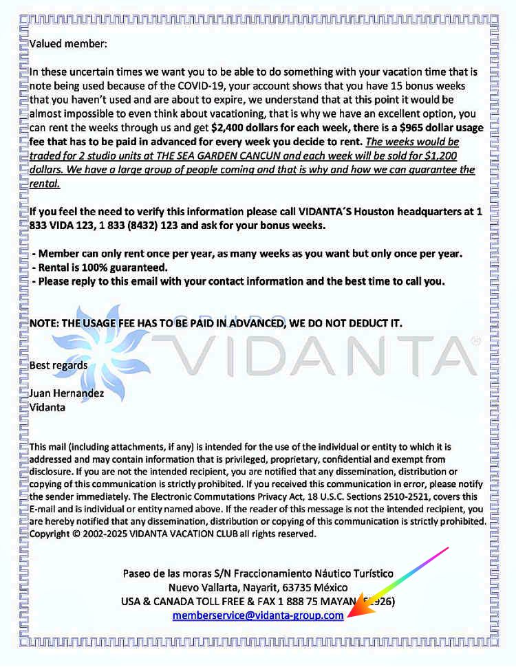 Fake Vidanta Coronavirus Rental Offer