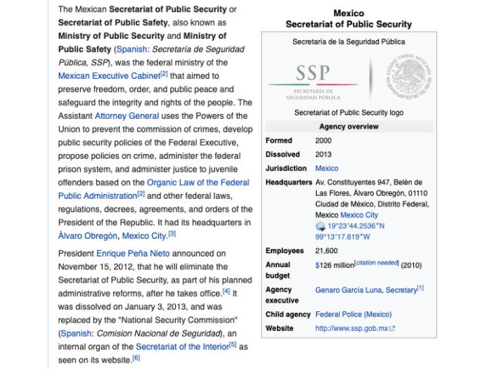Wikipedia article about Mexico Secretariat of Public Safety